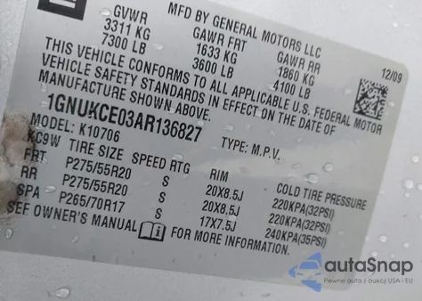 2010 Chevrolet Tahoe Ltz from USA, damaged, VIN 1GNUKCE03AR136827